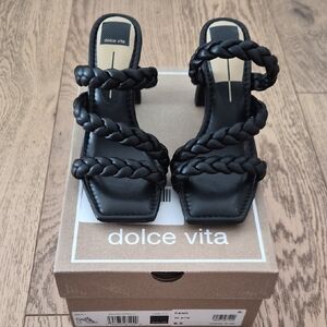 Dolce Vita Black Braided-Strap Square-Toe Block Heel Sandals